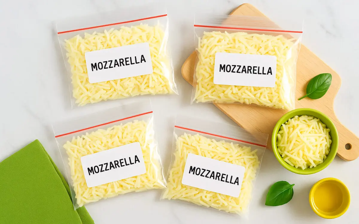 Porciones de muzzarella rallada conservadas en bolsas zip con utensilios de cocina