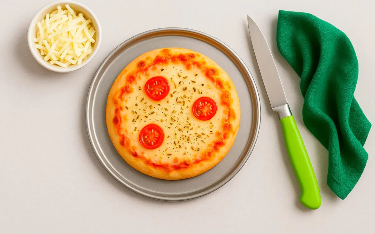 Pizzeta casera con muzzarella derretida y cuenco con muzzarella rallada