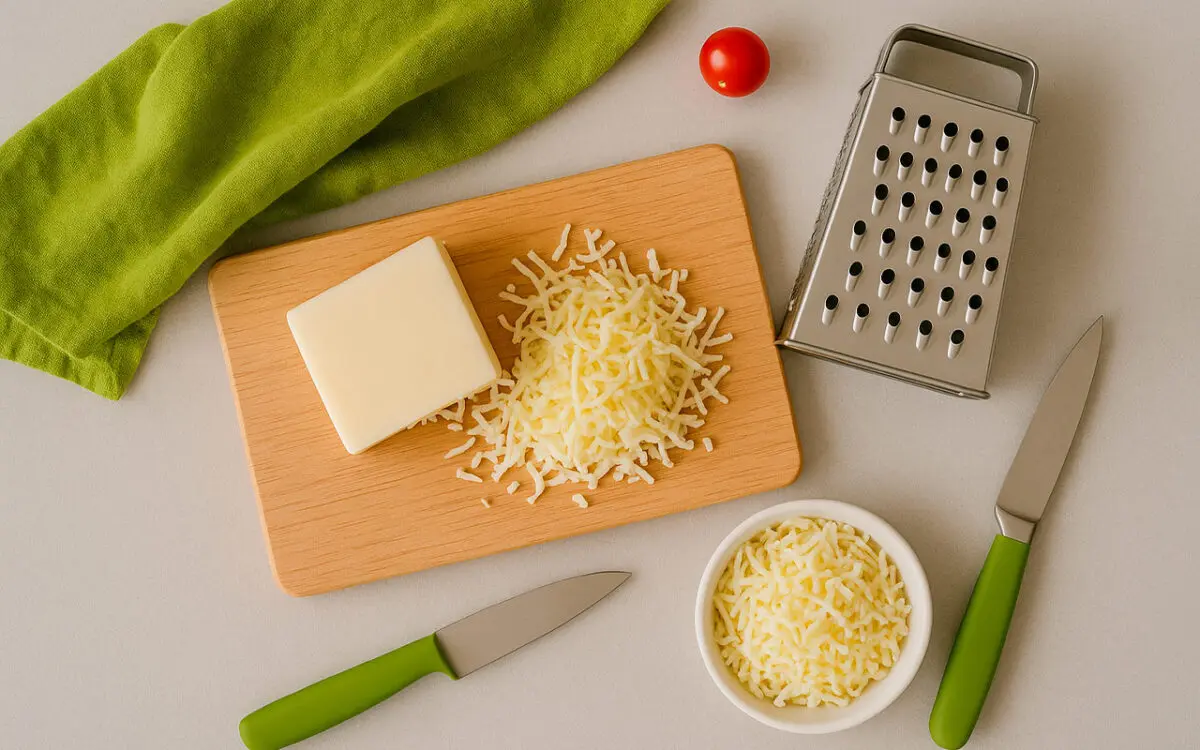 Bloque de muzzarella parcialmente rallado con utensilios de cocina modernos