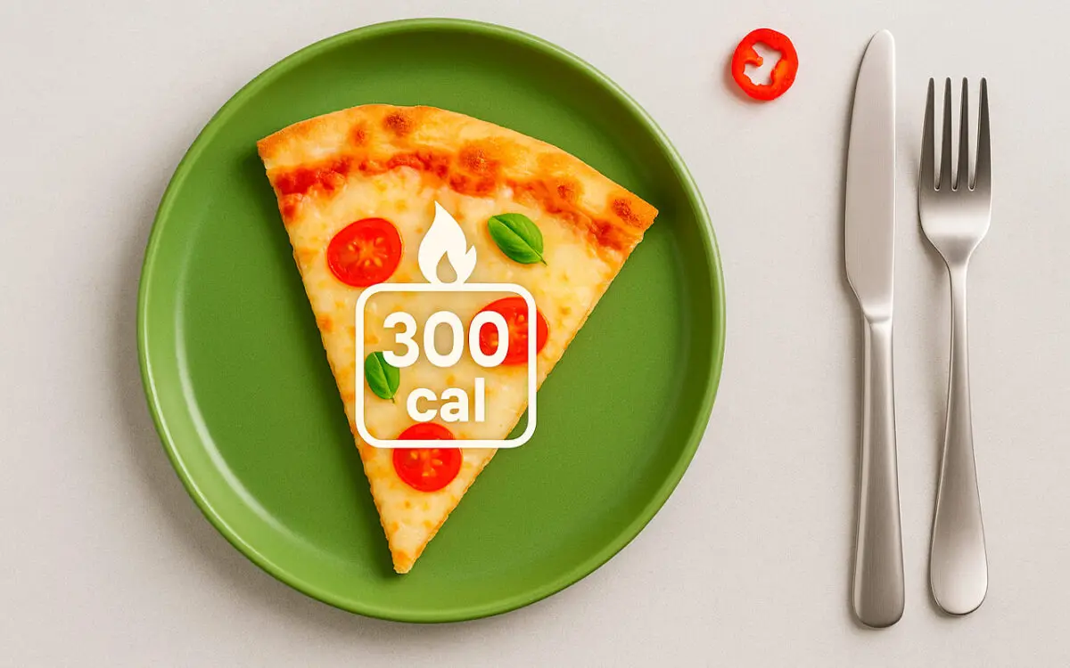 Porción de pizza muzzarella servida en plato verde con información calórica