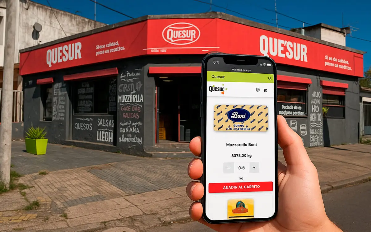 Local comercial de Quesur y smartphone mostrando tienda online con productos de muzzarella
