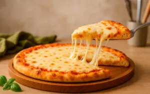 Pizza grande con muzzarella derretida, porción levantada mostrando queso estirándose