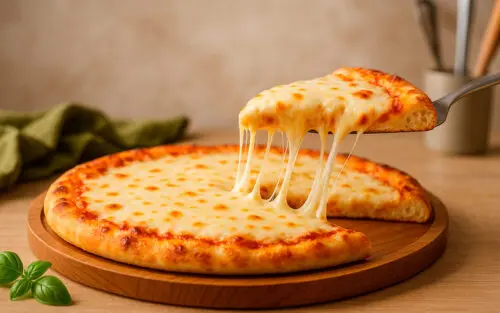 Pizza grande con muzzarella derretida, porción levantada mostrando queso estirándose