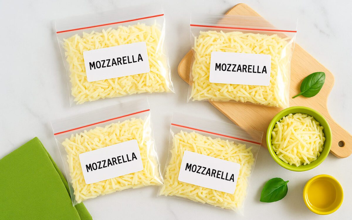 Porciones de muzzarella rallada conservadas en bolsas zip con utensilios de cocina